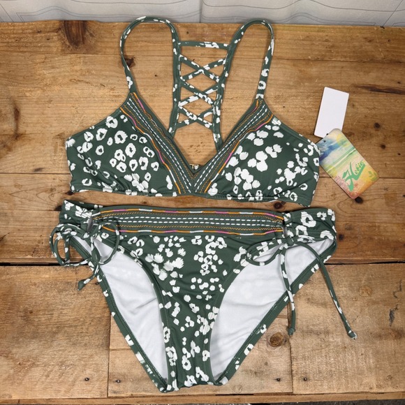 Hobie Other - Hobie Olive Green Abstract Print Embroidered Bikini Set Medium NWT/Liner
